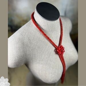 Bolo Necklace Vintage Genuine Coral 35” Long Red Orange